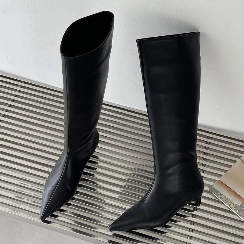 2025 New Fashion Low Heel Ladies Modern Western Boots Autumn Spring Pointed Toe Long Women Knee High Boots Female Pumps Shoes