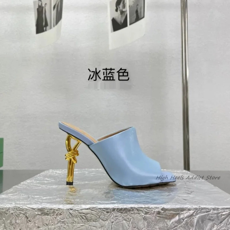 2024 Runway New Square Toe Leather Slippers Strange Style High Heels Colorful Mules Women's Luxury Designer Party Brand Shoes