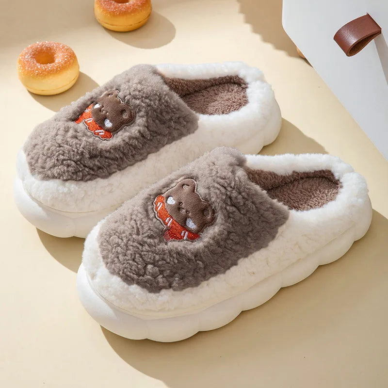 Cute Cartoon Cat Slippers Fluffy Home Thick Platform Slippers Women Men Winter Warm Plush Slides Indoor Lovely Cotton Shoes