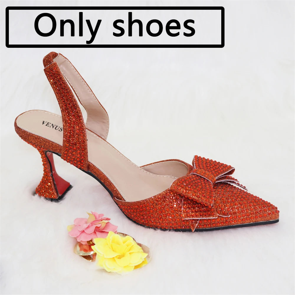 Venus Chan Bridal High Heels for Women 2023 Pointed Toe With Bows Gold Color Rhinestone Elegant Party Wedding Shoe and Bag Set