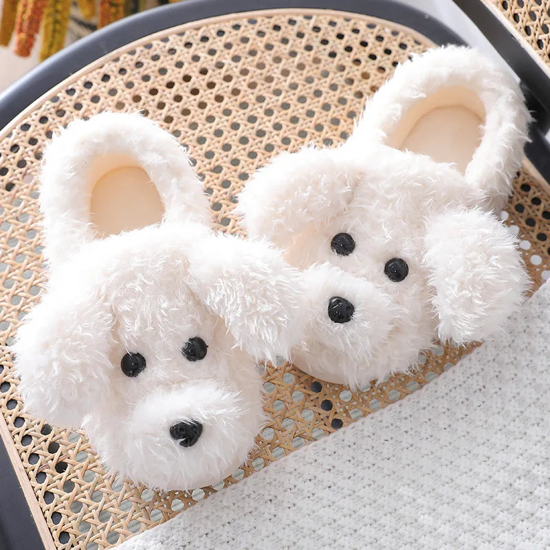 Comwarm Cute Dog Short Plush Slippers For Women 2023 Winter Warm Furry Cotton Shoes Couples Home Indoor Bedroom Cozy Slippers