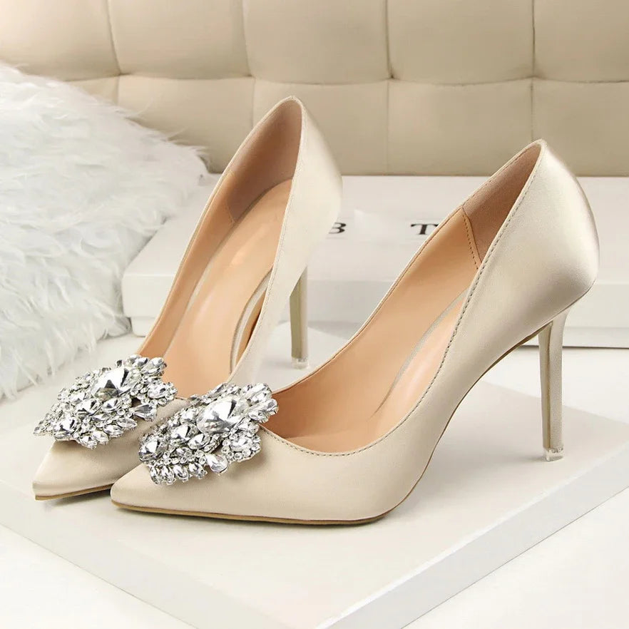 Women 10cm High Heels Sexy Rhinestone Green Pink Gray Pointed Toe Pumps Lady Silk Satin Escarpins Elegant Wedding Evening Shoes
