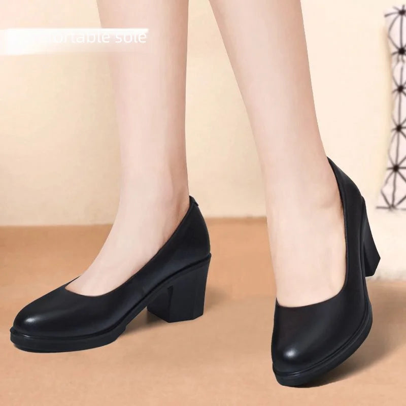 Women's Four Seasons Flat Shoes Thick Heel Round Middle Low Top Black Leather Work Shoes Comfortable For Commuting