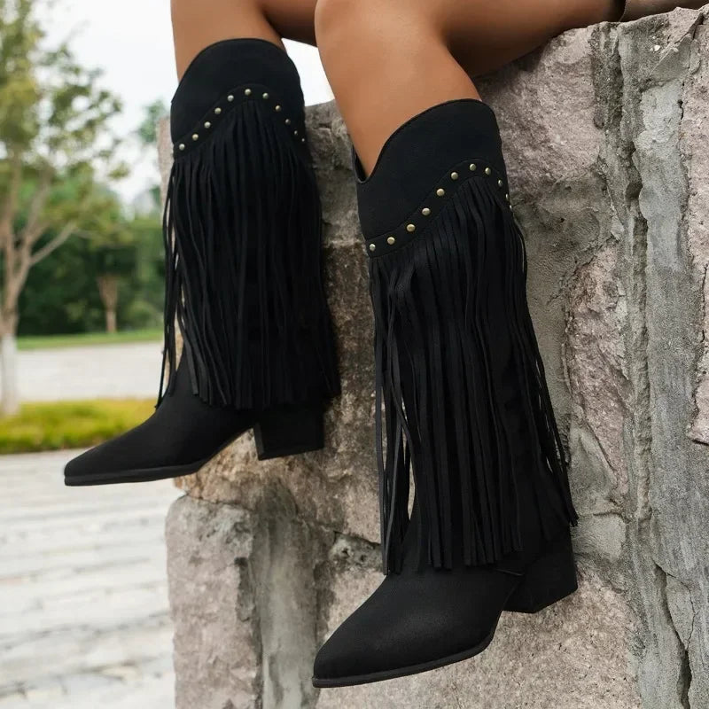 Shoes Female Rand Knee-High Women's Boots Pointed Toe Modern Boots Women Rivet Fringe Back Zip Med Heel Plus Size Shoes Women