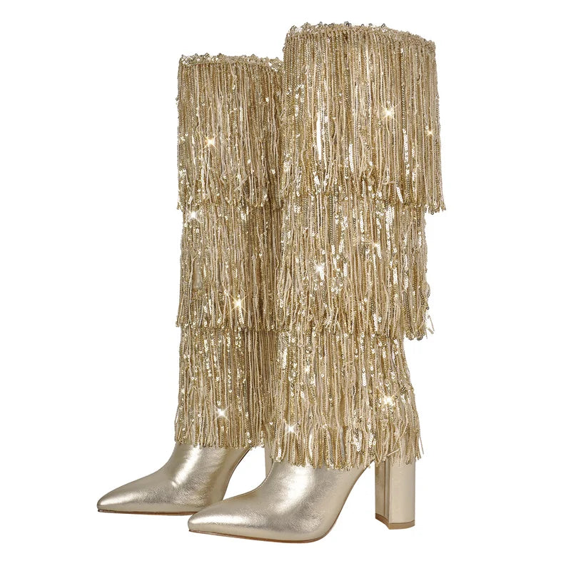 Onlymaker Women Pointed Toe Gold Fringe Metallic Slim Knee Boots Sexy Dance Party Dress Chunky Heel Boots