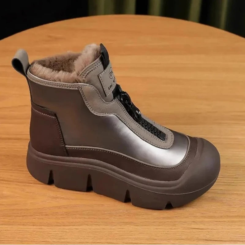 Platform Women Fur Snow Ankle Boots Flats Leather Short Plush Cotton Shoes Trend Fashion Sneakers Warm New Cozy Mujer Goth Botas