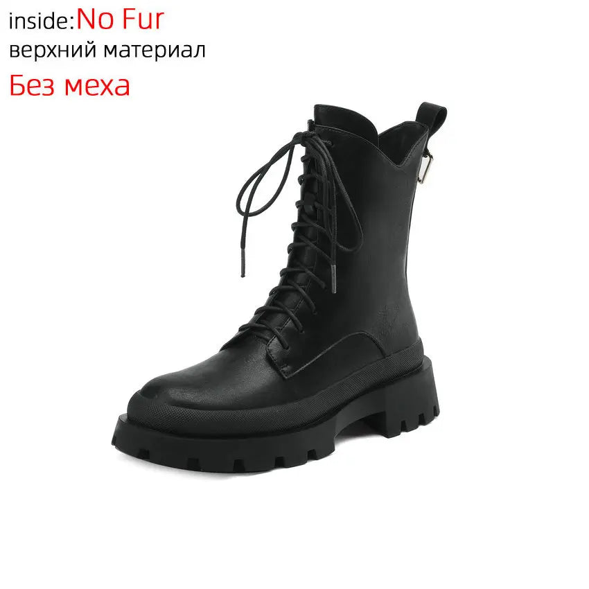 QUTAA 2024 Motorcycle Women Ankle Boots Thick Med Heels Round Toe Office Lady Cross-Tied Genuine Leather Shoes Woman Size 34-39