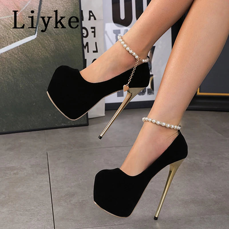Liyke New Design String Bead Ankle Strap Platform Pumps Women Classic Black High Heels Fashion Round Toe Pole Dance Shoes Size42