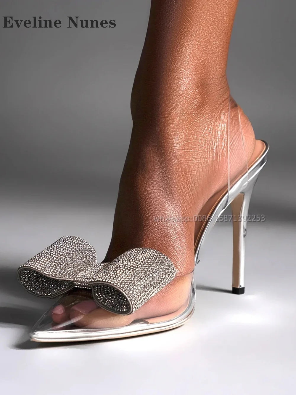 Bow Rhinestone Transparent Band Sandals Pointed Toe Stiletto Back Strap Side Air Women Heels Plus Size Sexy Runway Shoes 2024