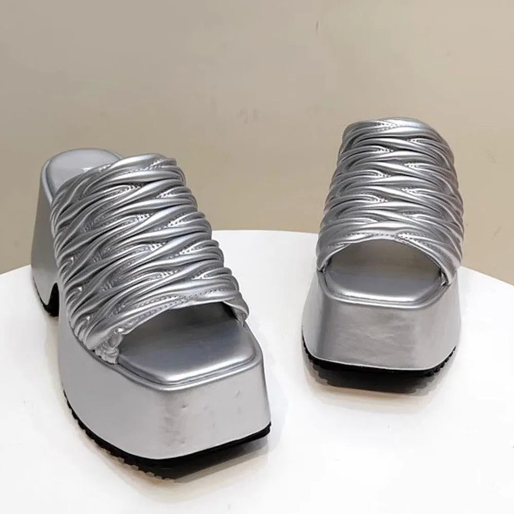 Punk Chunky Heels Mule Shoes Sandals For Women Rivet Platform Slide Sandals Open Toe 2024 Summer Trendy Shoes Street Women Shoes