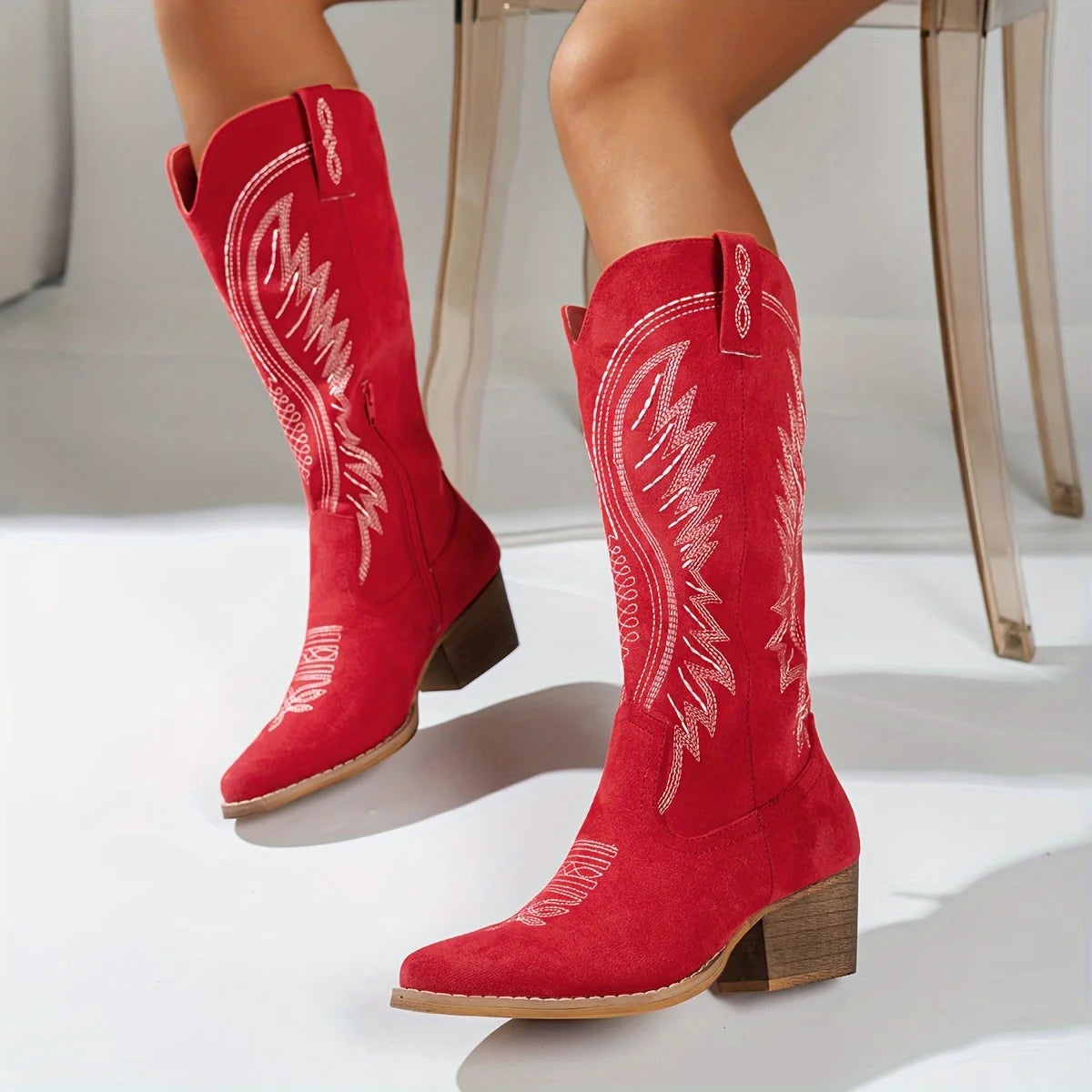 Womens Trendy Chunky Heel Cowboy Boots - Chic Pointed Toe Dress-Up Perfect - Fashionable Mid Calf Height