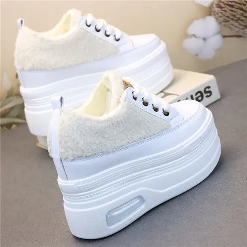 10CM 12CM Genuine Leather Casual Chunky Sneakers Plush Wedge Platform Wedge Winter Fashion Autumn Spring Women Shoes Vulcanize