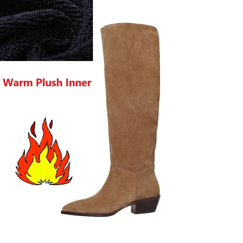 Cow Suede Daily Botas Pointed Toe Spring Autumn Woman Boots Cowgirls Western Boots Woman Slip On Simple Pleated Mid-Calf Shoes