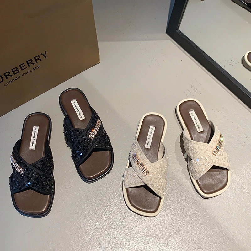 Women Shoes Summer New Vintage Woven Roman Sandals Fashion Open-Toe Sandals Female Slip-on Flats Beach Shoes Ladies Slipper