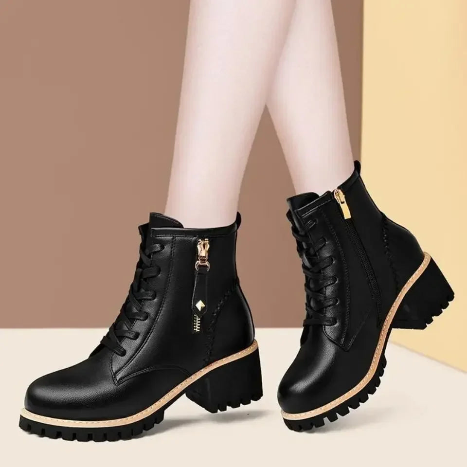 Hot Selling Women Shoes with Heel Boots Ankle Trend Autumn British Style Leather Thick Fur Ladies Short Boot Winter Footwear