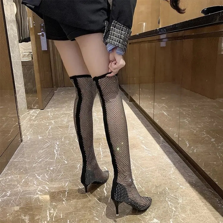 European and American plus size over-the-knee boots women's summer full rhinestone pointed toe high heel long high sock boots