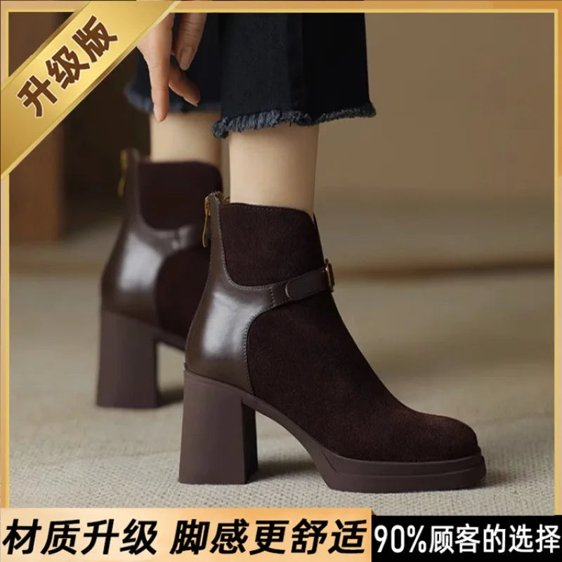 Womens Heeled Ankle Boots Platform Zipper Punk Motorcycle Booties Chunky Block High Heel Round Toe Fashion Combat Boots