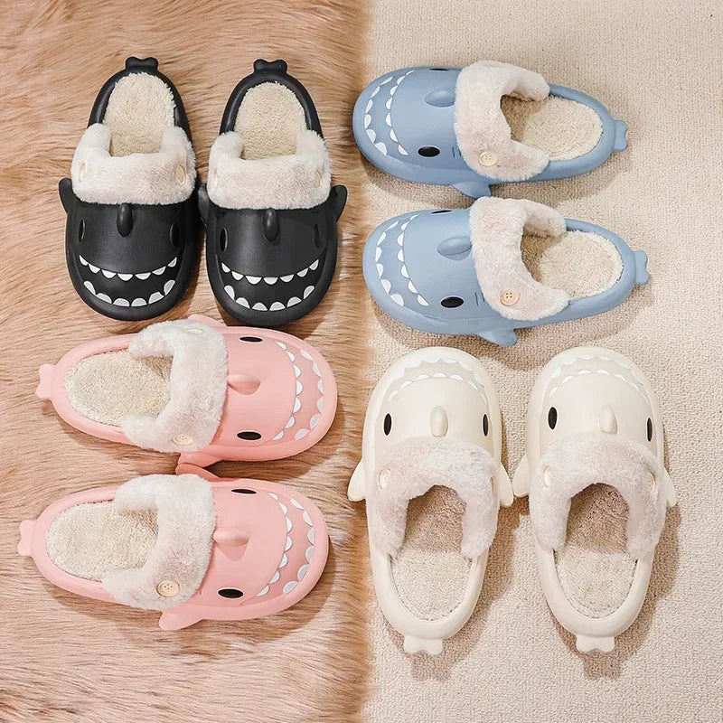 Winter Adults Home Shark Slippers Kids Cute Animal Shoes Woman Man Stuffed Warm Plush Indoor Velvet Soft Cartoon Floor Flip Flop