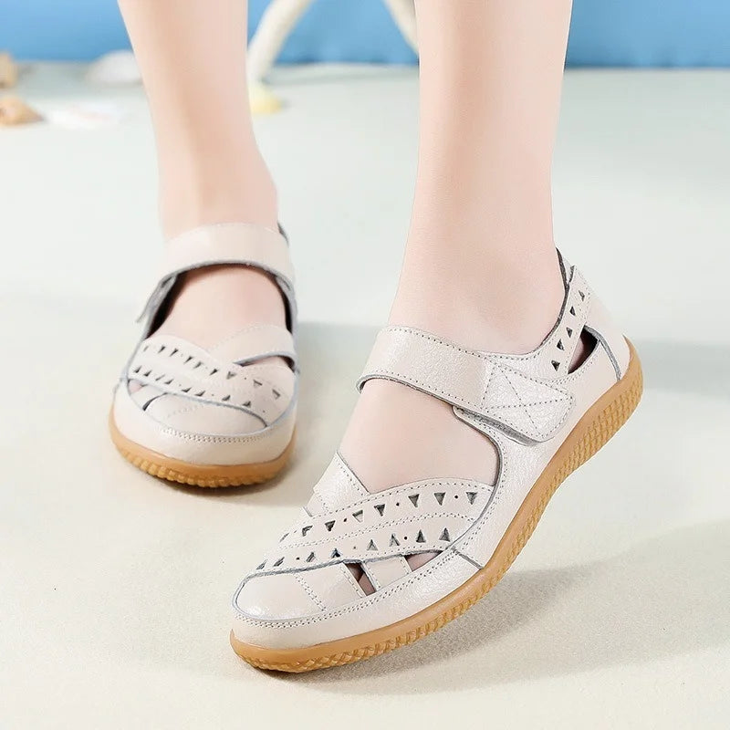 Woman Summer Vintage Wedge Sandals Real Cowhide Hollow Shoes Casual Sewing Female Ladies Platform Retro Sandalias Plus Size