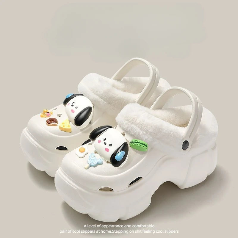 Cartoon hole shoes EVA winter women's outerwear plush insulation thick-sole room height increase inner foreskin cotton slippers