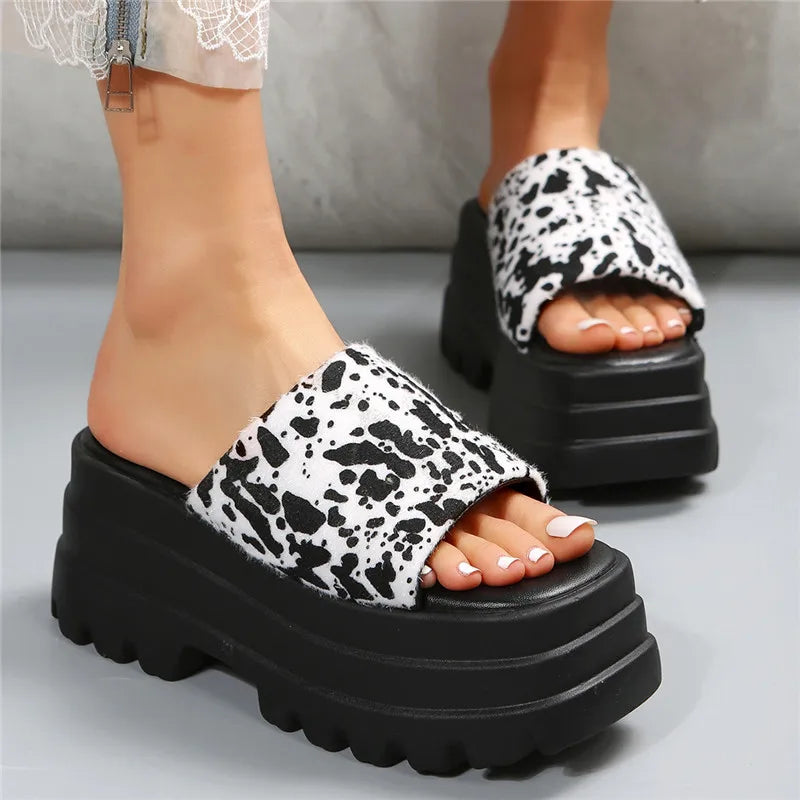 2023 Summer Brand New Women Single Band Platform Sandals Black Nylon Chunky Platform Wedges Slipper Sandals