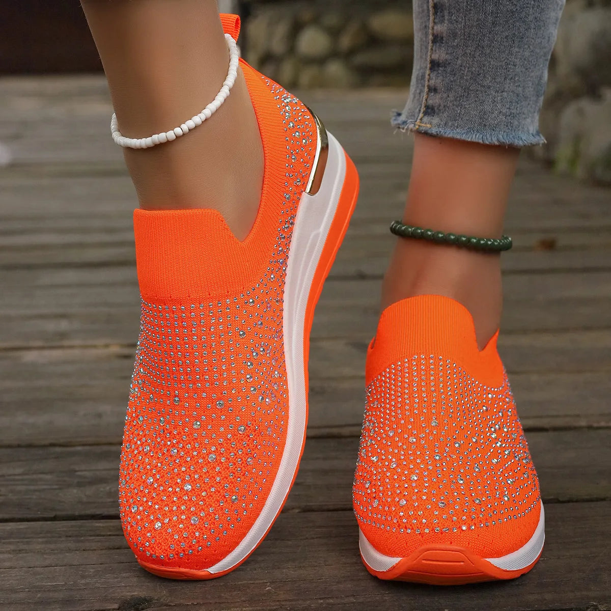 Baskets décontractées orange à strass, chaussures compensées respirantes et légères pour femmes, chaussures de sport confortables en maille à enfiler, nouvelle collection 2024