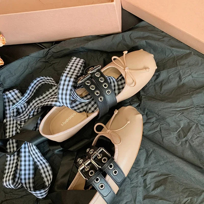 French ballerina ballet flats women's soft leather bow lace-up shallow Metallic belt trim car stitching cross straps belt buckle