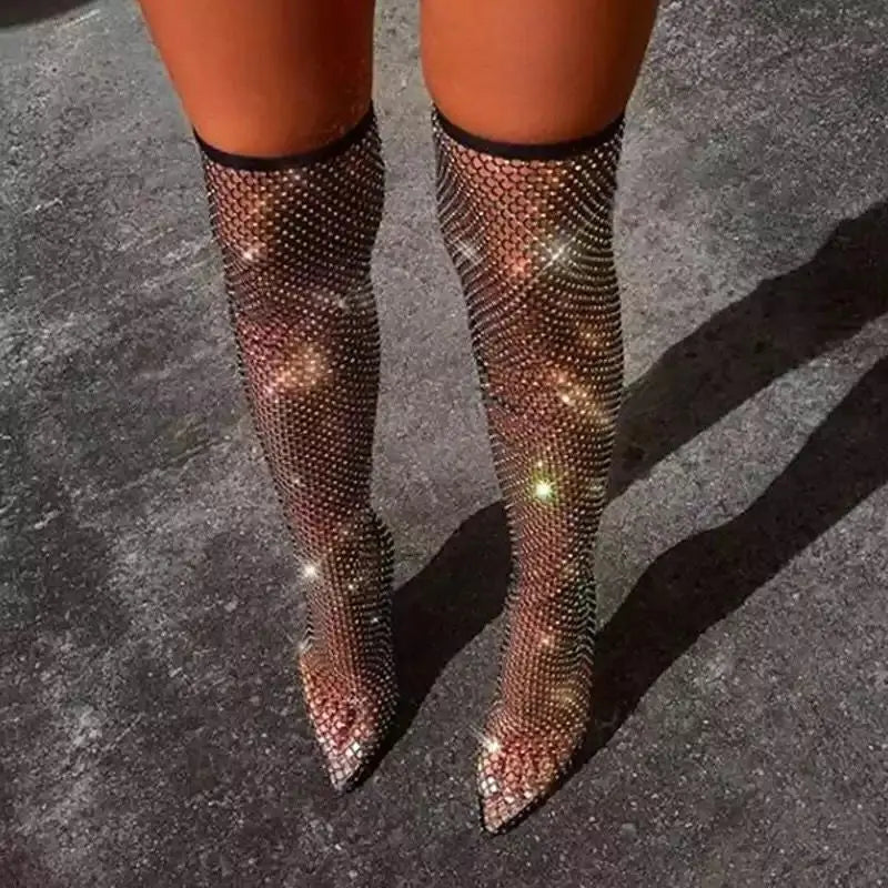 Bottes au-dessus du genou de grande taille européennes et américaines pour femmes, bottes d'été à talons hauts et bout pointu avec strass