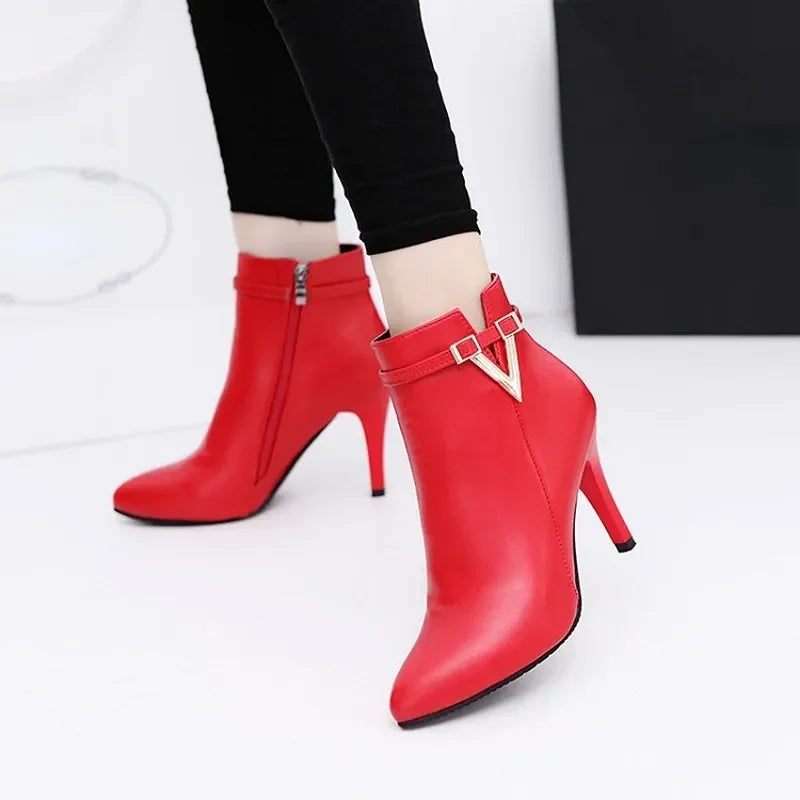 Botas Mujer Invierno Autumn Stiletto Thin High Heels Woman Pointed Toe Pu Leather Zipper Sexy Ankle Women Boot Botines Chelsea8
