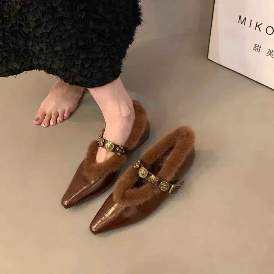 Fur Pointed Toe Women Sexy Chelsea Boots Elegant Ankle Flats Warm Winter Shoes 2024 New Designer Style Fashion Female Footwear