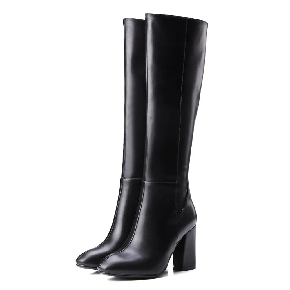 Fashion Red Winter Women's Knee High Boots PU Leather Block High Heels Tall Long Boot Female Zipper Ladies Shoes Black Elegant