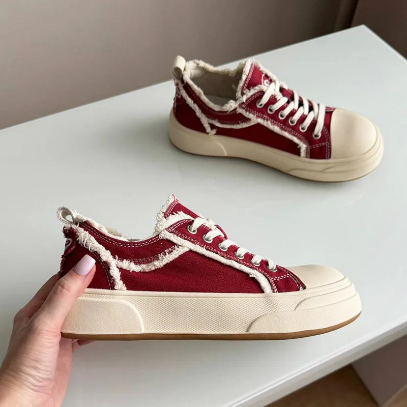 BEAUTODAY Baskets décontractées en toile pour femmes, couleur unie, style vintage, à lacets, à bords bruts, pour l'extérieur, faites à la main, 29250