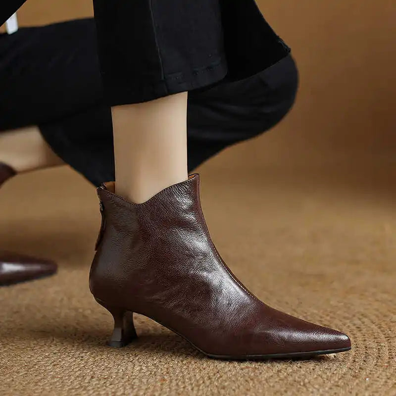 2025 Spring Vintage Pointed Toe Women Ankle Boots Fashion Thick Heel Shoes Concise Short Botas De Mujer