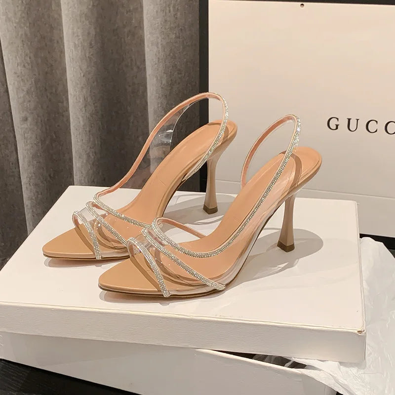 Women's Sandals 2023 Summer New Open-toe High-heeled Fine Heel Rhinestone Luxury Temperament Celebrity One-strap Sandals Traf