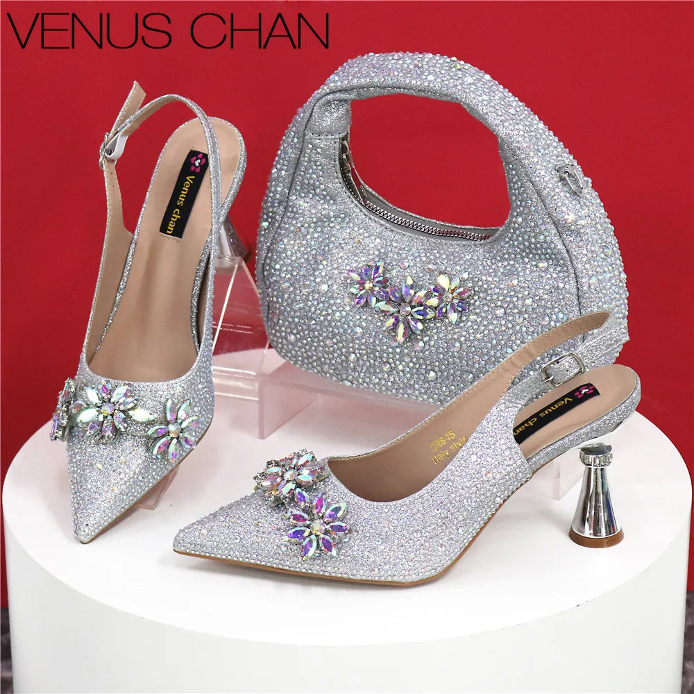 Popularity Pointed Toe High Heels Shoes and Bags Set With Rhinestone for Women Wedding Party Elegant Luxury Fashion