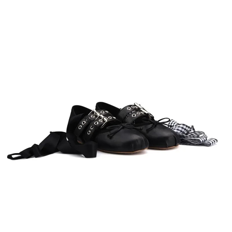 French ballerina ballet flats women's soft leather bow lace-up shallow Metallic belt trim car stitching cross straps belt buckle