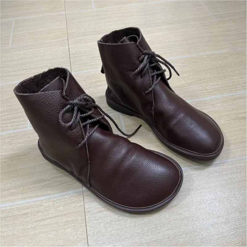 Johnature Retro Genuine Leather Short Boots 2025 New Casual Round Toe Versatile Solid Color Women's Soft Cowhide Soft Sole Shoes