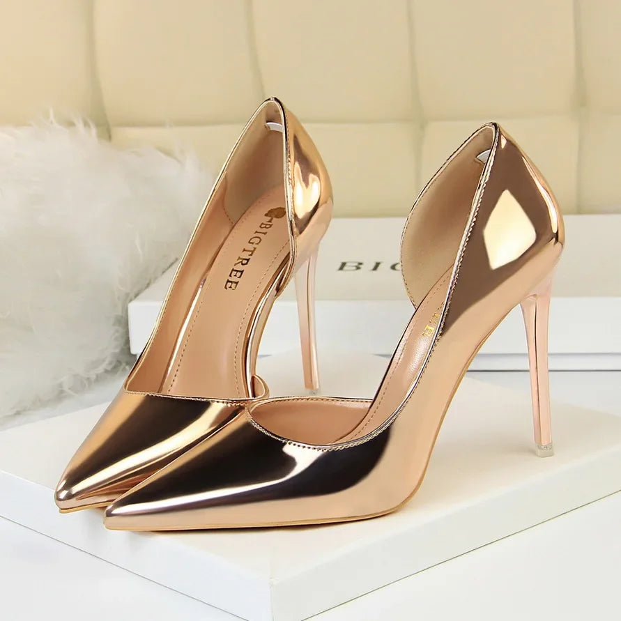 Women 10.5cm High Heels Pumps Lady Stripper Metallic Leather Scarpins Wedding Stiletto Heels Party Silver Champagne Gold Shoes