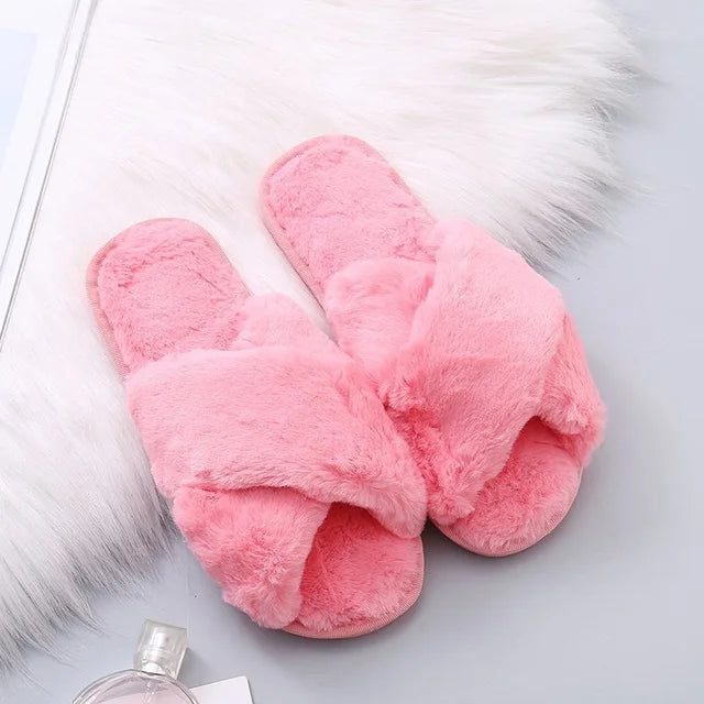 Winter Women House Slippers Faux Fur Fashion Warm Shoes Woman Slip on Flats Female Slides Black Pink cozy home furry slippers