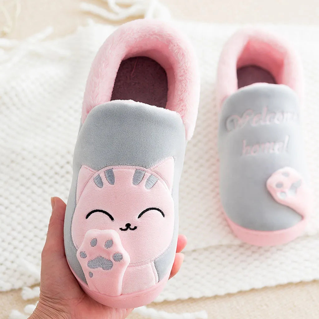 Women Winter Warm Slippers Cartoon Cat Shoes Furry Plush Slides Round Toe Flats Indoor Home Bedroom Floor Slippers Ladies Shoes