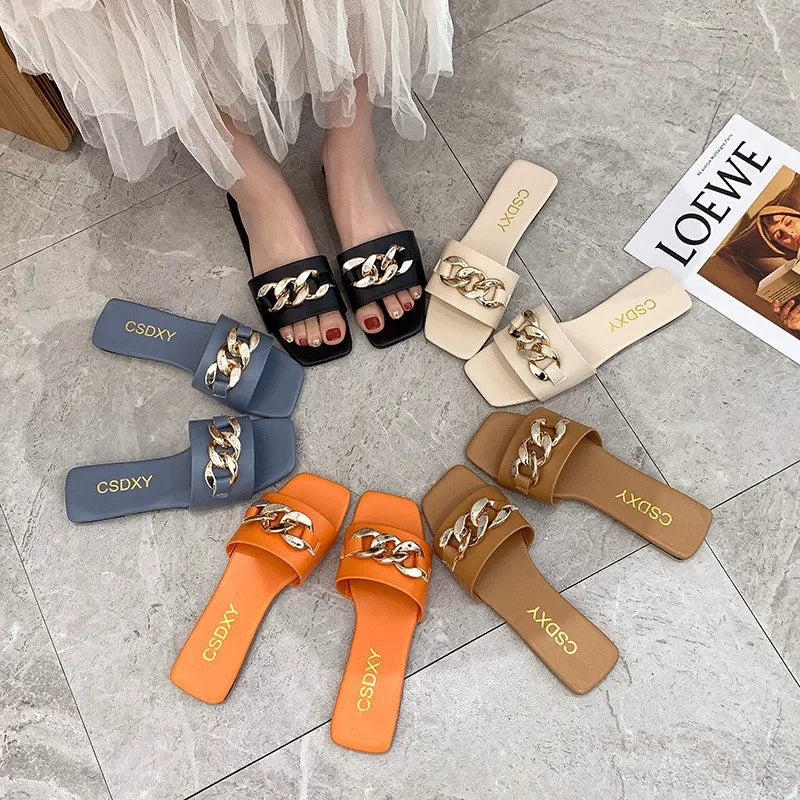 2022 New Fashion Women's Slippers Square Toe Chain Slippers Flat Slide Sandals Beach Flip Flops Metal Decoration Casual Shoes