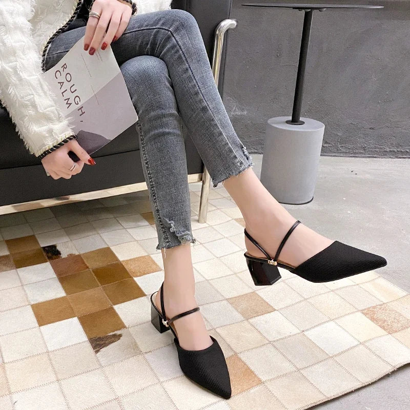 Women Mules Shoes 2024 Summer New Pointed Toe Chunky Heels Ladies Slippers Fashion Plus Size Dress Party Mid Heel Shoes Women