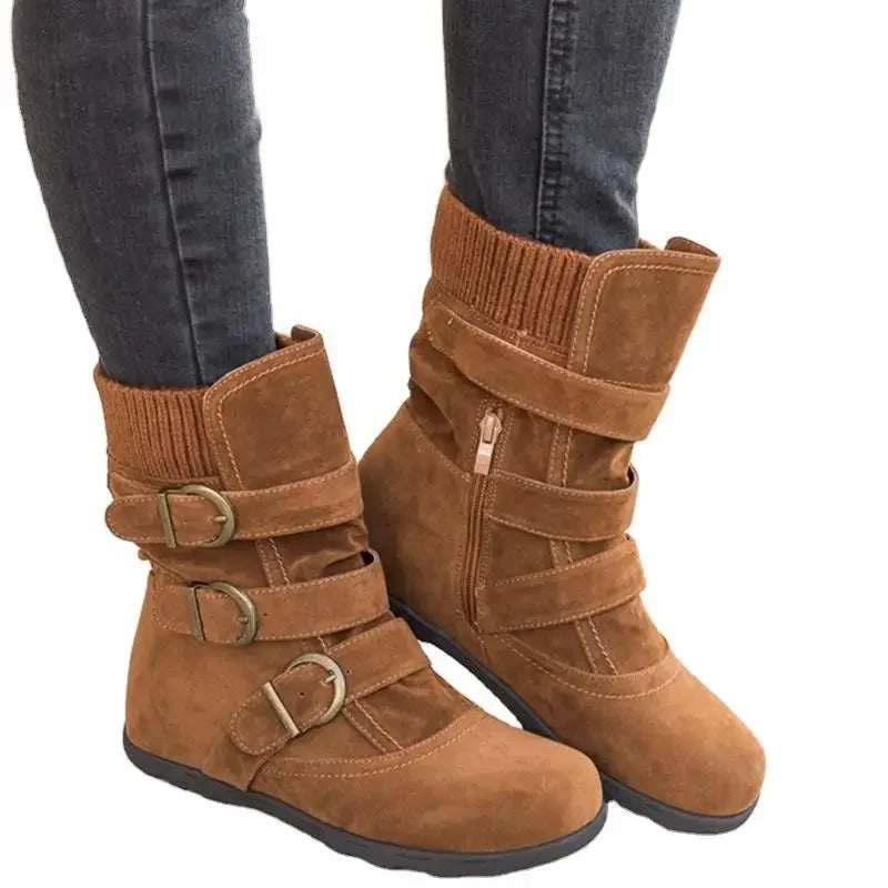 Chaussures pour femmes, bottes de neige chaudes, plates, en peluche, décontractées, pour dames, automne, boucle, bottes mi-mollet, grande taille 35-43
