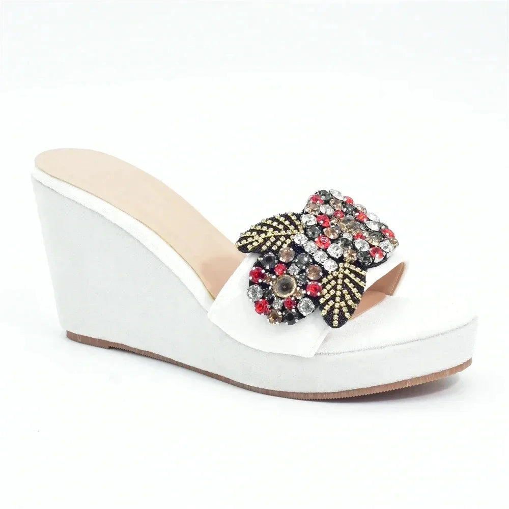 African Women Party Pumps Decorated with Rhinestone Shoes for Wedding Women Wedges Shoes for Women Platform Heels Nigerian Pumps