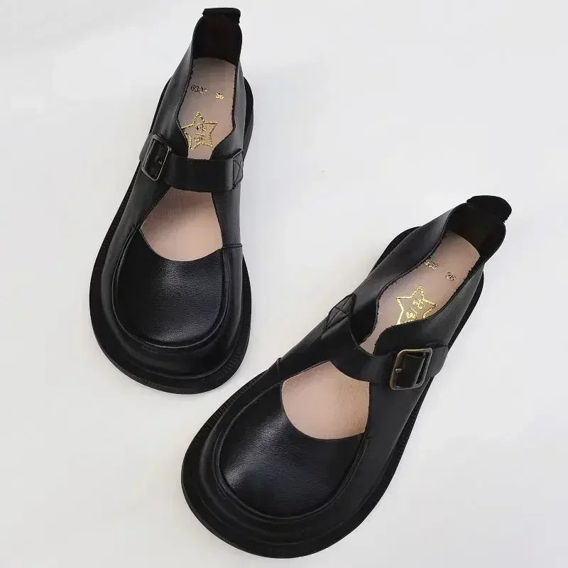 Autumn British Wide Toe Genuine Leather Women's Shoes Mary Janes Breathable Non-slip Cowhide Handmade Loafers Shoes