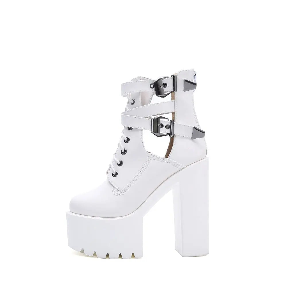 2024 Winter Fashion Sexy Platform Lace Up Buckle White Black Leather Thick Heel High Heel Short Boots Women Party Dance Shoes