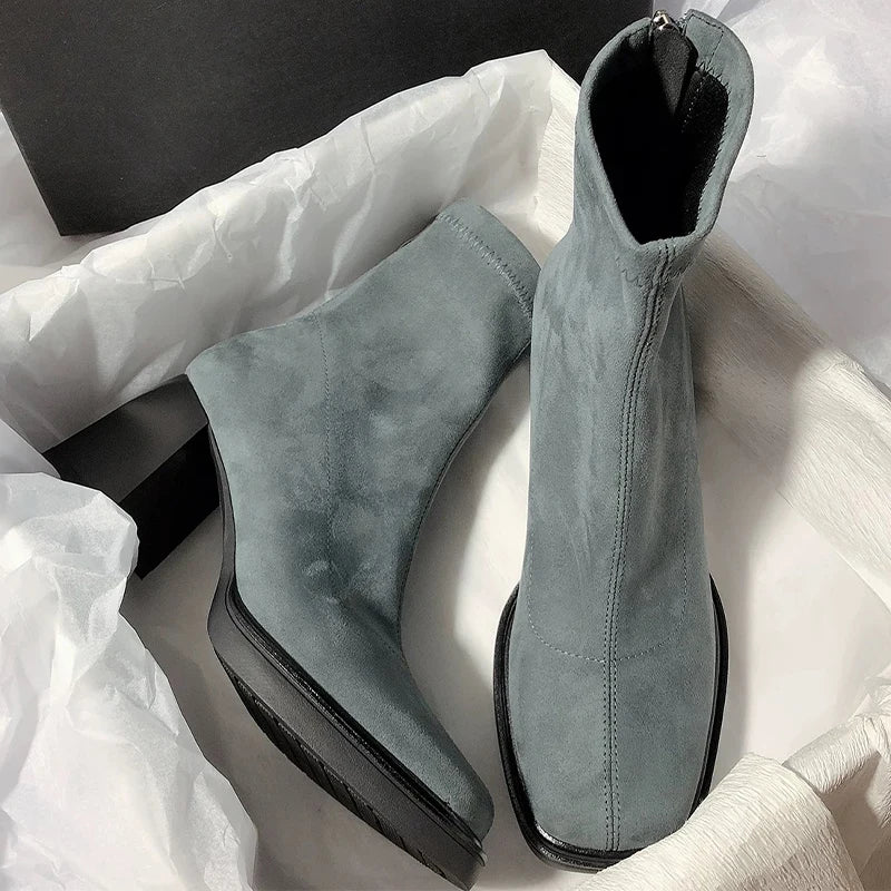 Bottines à talons hauts pour femmes, chaussures de mode épaisses en daim, tendance, escarpins de créateur, bottes de neige, chaussures de luxe pour femmes