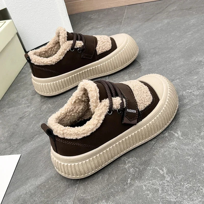 New Winter Warm Cotton Shoes Ladies Plush Fur Thick Sole Lace Up Casual Sneakers Women Outside Flat Comfortable Running Shoes