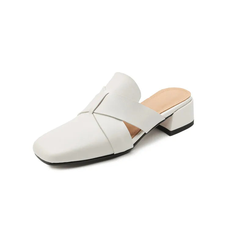 NEW Summer Women Mules Genuine Leather Shoes for Women Cover Toe Chunky Heel Slippers Concise Square Toe Handmade Modern Sandals