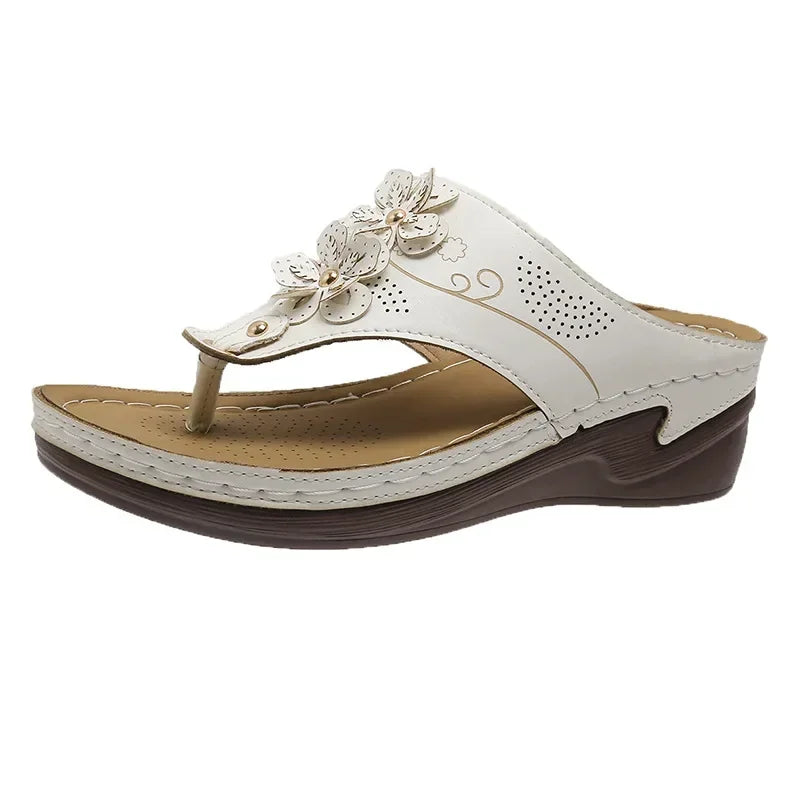 Women's Floral Retro Flip Flops New Summer Fashion Roman Slope Heel Non Slip Sandals Slippers Outdoor Beach Casual Shoes